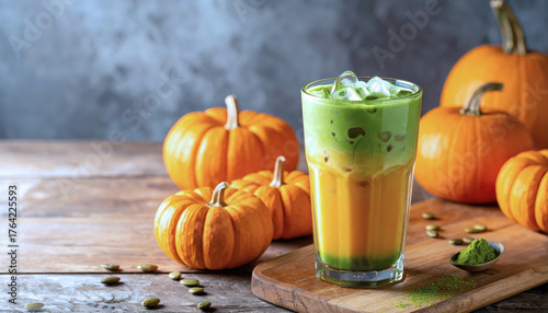 Refreshing iced matcha latte with pumpkin flavor sits on wooden table surrounded by small pumpkins