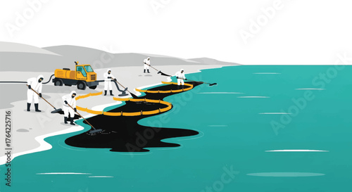 Vector illustration of a disaster response team cleaning up an environmental oil slick on a sandy beach
