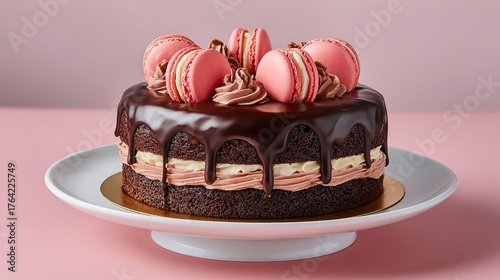 Chocolate cake with macarons dessert on a white plate studio shot