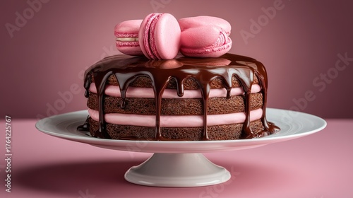 Chocolate cake with pink cream and macarons on white serving plate