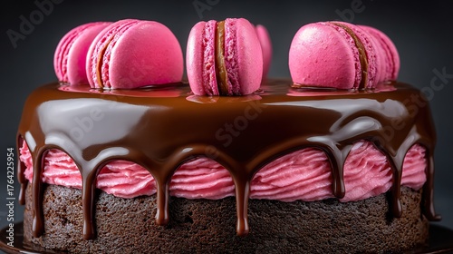 Chocolate cake with pink macarons dessert food close up