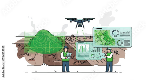 Engineers using drone technology for topographical surveying and digital terrain mapping with data analysis on a modern vector illustration