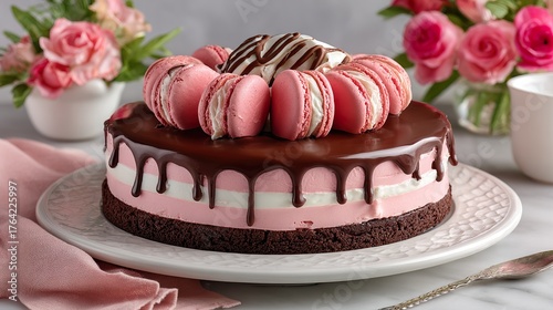 Chocolate cake with pink macarons on top