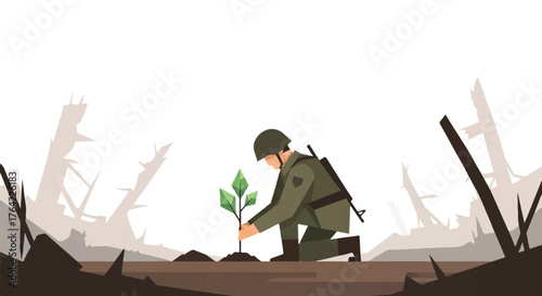 Soldier Planting a Sapling in a War-Torn Land, Symbolizing Hope and Rebirth