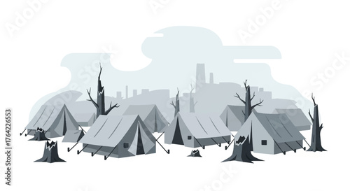 Desolate camp illustration depicting a humanitarian crisis with tents and bare trees, set against a distant, hazy city skyline