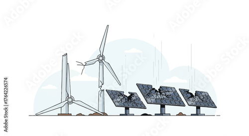 Illustrative view of renewable energy's evolution Operational and damaged wind turbines and solar panels highlight the progress and challenges of sustainable power technology