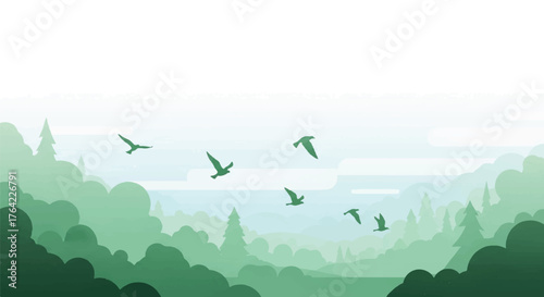 Nature's Serenity A vector landscape of trees with birds flying over a Whispering Green Forest