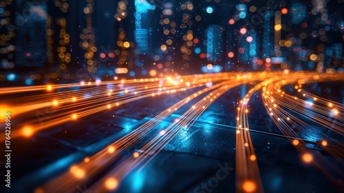 Digital network pathways across a city skyline.  Abstract, glowing lines of light, orange and blue,  converge and diverge across a dark surface. City lights blur in the background