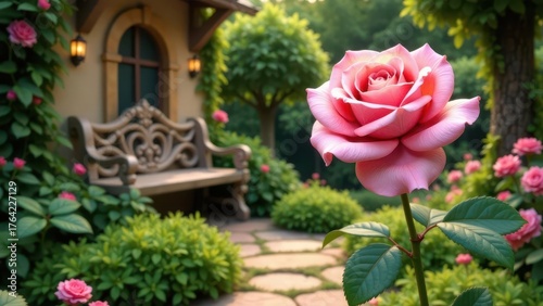 A single beautiful pink rose blooms prominently in a charming garden setting beside a rustic wooden bench and quaint building
