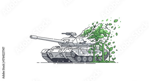 Tank overgrown with green plants, symbolizing peace and environmentalism after conflict