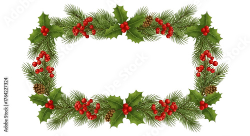 Festive Foliage Frame Evergreen Branches, Berries & Cones for Holiday Design