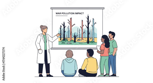 Environmental Impact Presentation Discussing War and Pollution Effects on Nature with a Group