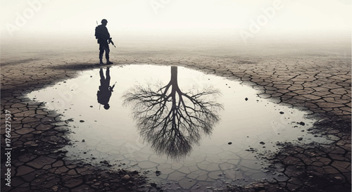 A lone soldier reflects on a desolate landscape with a single tree mirroring in a puddle