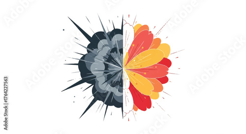 Creative abstract concept showing the contrast between chaos and nature, symbolized by a bomb explosion and a beautiful flower