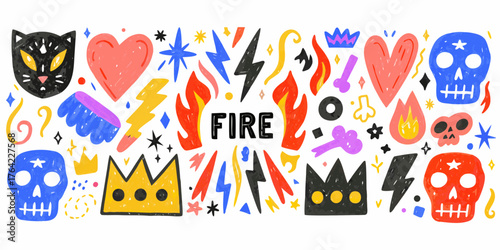 Vibrant hand drawn doodle elements featuring fire flames skulls hearts lightning bolts and crowns
