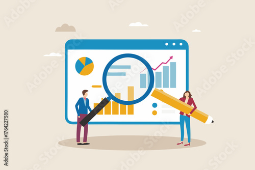 Business analytics team examining financial charts and graphs on a digital screen with magnifying glass and pencil