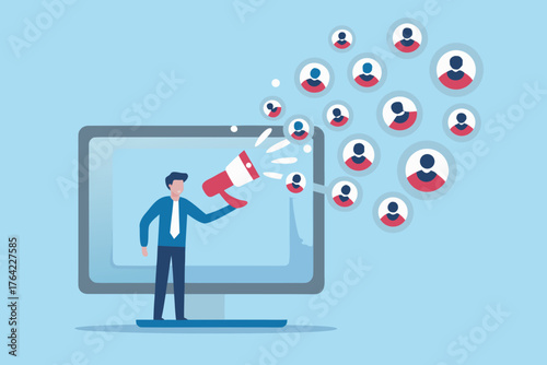 Man with megaphone on computer screen broadcasting messages to a group of people icons