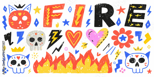 Vibrant hand drawn fire and skulls with hearts and lightning bolts in a festive doodle style