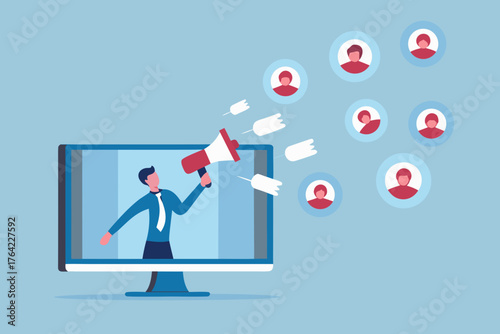 Man with megaphone on computer screen reaching out to audience network of people