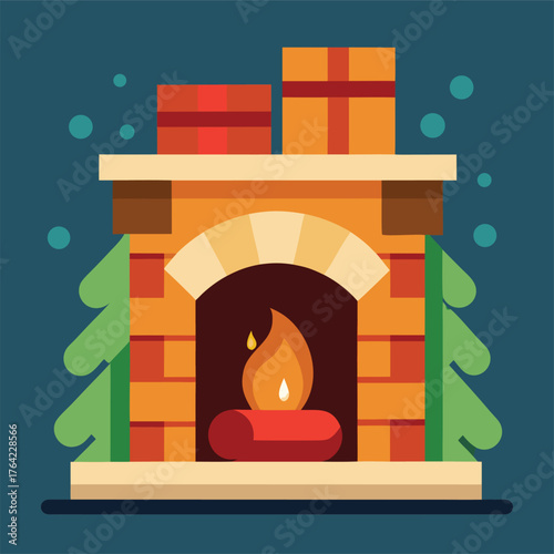 Cozy christmas fireplace with burning fire and gifts on top decorated with pine trees