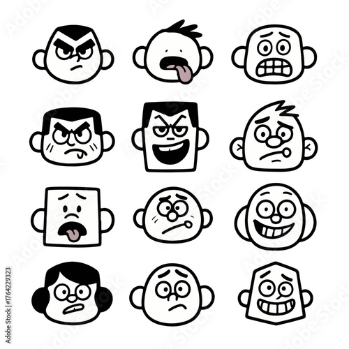 set of funny faces. Cartoon Face Expression Icon Set Black and White Vector