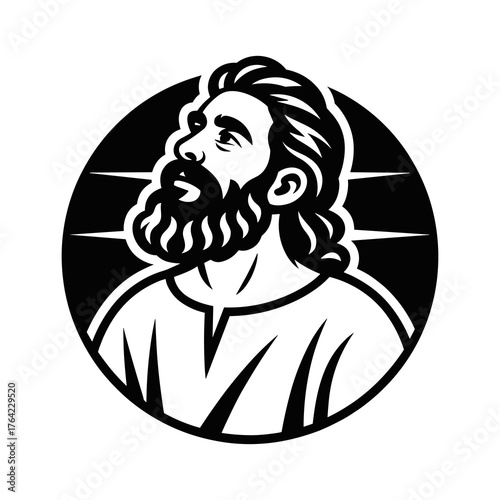 Illustration of a Bearded Man's Head and Shoulders Looking Up, Rendered in a Vintage Mascots Style with a Circle Background, Ideal for Religious, Historical, or Strong Male Character Branding and Logo