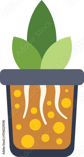 Colorful flat illustration of a plant with visible root system growing in a pot, perfect for explaining plant biology