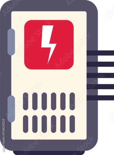 Electric fuse box distributing power supply with warning sign for safety precautions