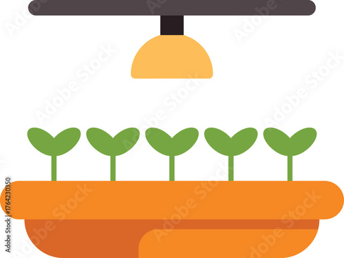 Five small green seedlings growing in a row under an artificial light in a greenhouse