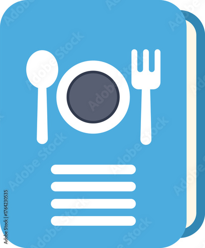 Blue menu presenting culinary delights with fork spoon and plate
