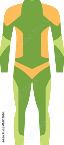 Green and yellow superhero costume standing up showing front view, colorful vector illustration on a white background