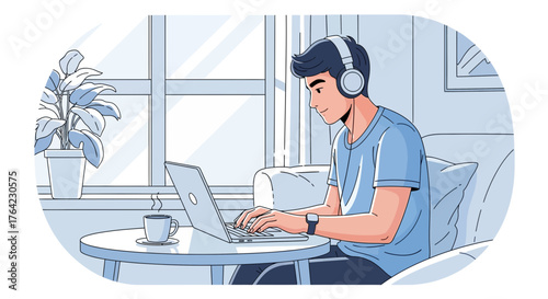 Modern Remote Working Concept: Young Man Enjoying Coffee While Using Laptop at Home