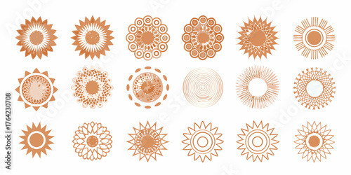 Collection of diverse abstract sunburst and mandala like circular decorative elements in warm orange tones