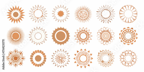 Collection of abstract sunburst and mandala style graphic elements in warm earthy tones