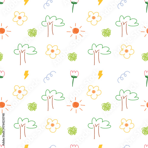 Doodle hand drawn. tree, sun and flower cartoon seamless pattern background