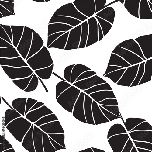 Abstract Pattern of Black and White Tropical Leaves Seamlessly Repeated for Design