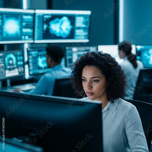 Focused Woman Works in a High-Tech Control Room with Monitors Displaying Data