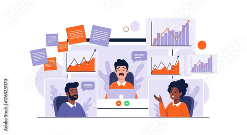 Online business meeting showing people analyzing charts and work collaboration together