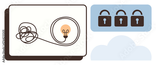 Tangled cord leading to glowing bulb symbolizes problem-solving. Three locks and cloud emphasize security, innovation, decision-making, brainstorming. Ideal for creativity, strategy, cybersecurity