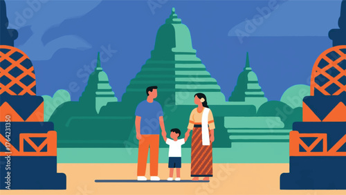 A Family Vacations to the Temple Illustrator Artwork Banner Background Design Template 