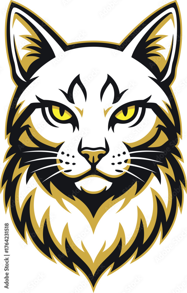 Obraz premium Bobcat Lynx Head Mascot Vector Logo. Wild Cat Emblem Design in Gold, Black and White for Sports or Branding