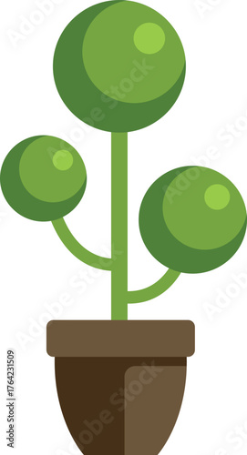 Minimalist vector illustration of a small decorative tree with round leaves growing in a clay pot, isolated on a white background