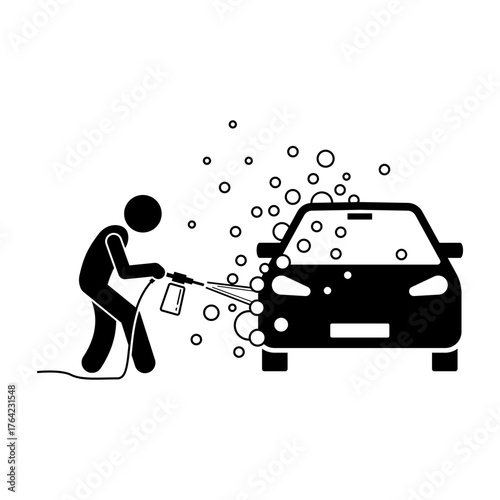 A stylized illustration of a car being washed with a high-pressure water spray, showing suds and bubbles.