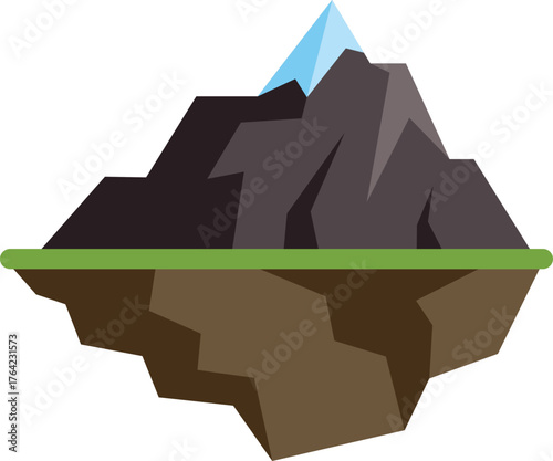 Piece of land floating in the air, featuring a majestic snowy mountain peak and a strip of vibrant green grass