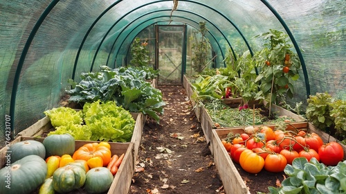 Vegetables Growing in Raised Beds Inside a Greenhouse or Tunnel for a Farm to Table Concept