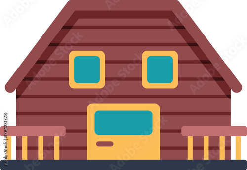 This illustration showcases a charming wooden cottage, ideal for representing vacation rentals, countryside getaways, or cozy retreats