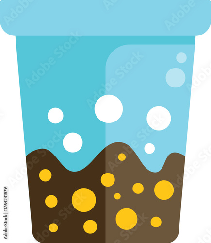 Boba tea in a blue cup, featuring tapioca pearls at the bottom and milk foam with bubbles on top, creates a visually appealing and refreshing beverage
