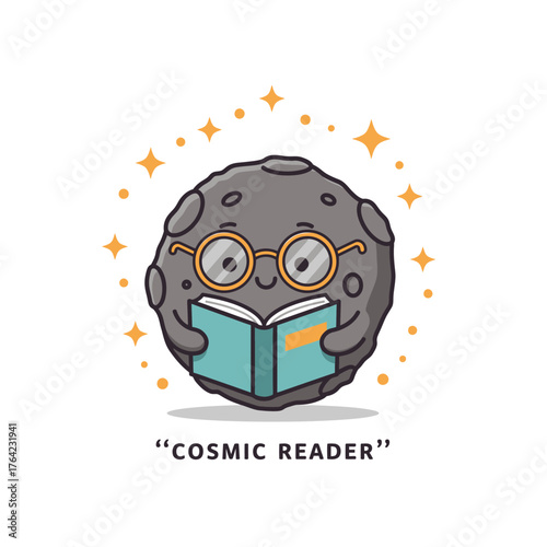 A cute, cartoon cosmic reader asteroid, wearing glasses and engrossed in a book, radiates a sense of intellectual wonder and the joy of learning within the vastness of space