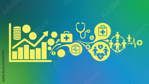 Showing relation financial growth and healthcare in modern abstract presentation on blue and green gradient background, representing progress and wellbeing.