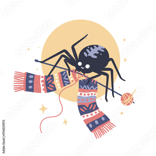 Adorable cartoon spider character cheerfully knitting a long, cozy, and colorful patterned scarf with needles and yarn